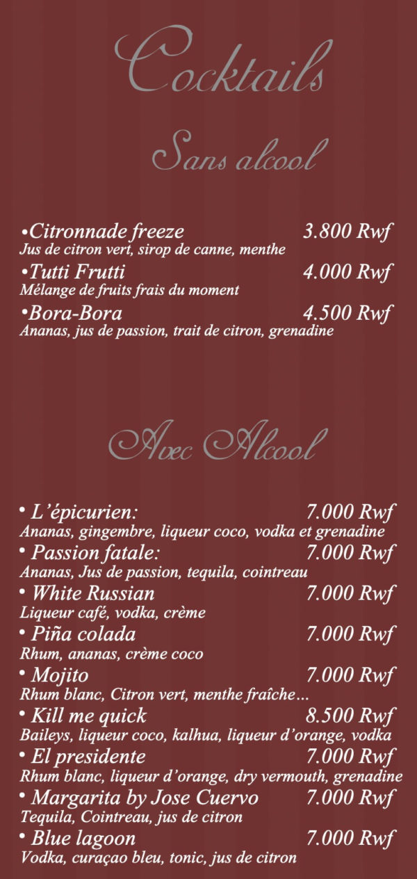 L'Epicurien Restaurant Kigali Wine & Drinks List Vibe Kigali