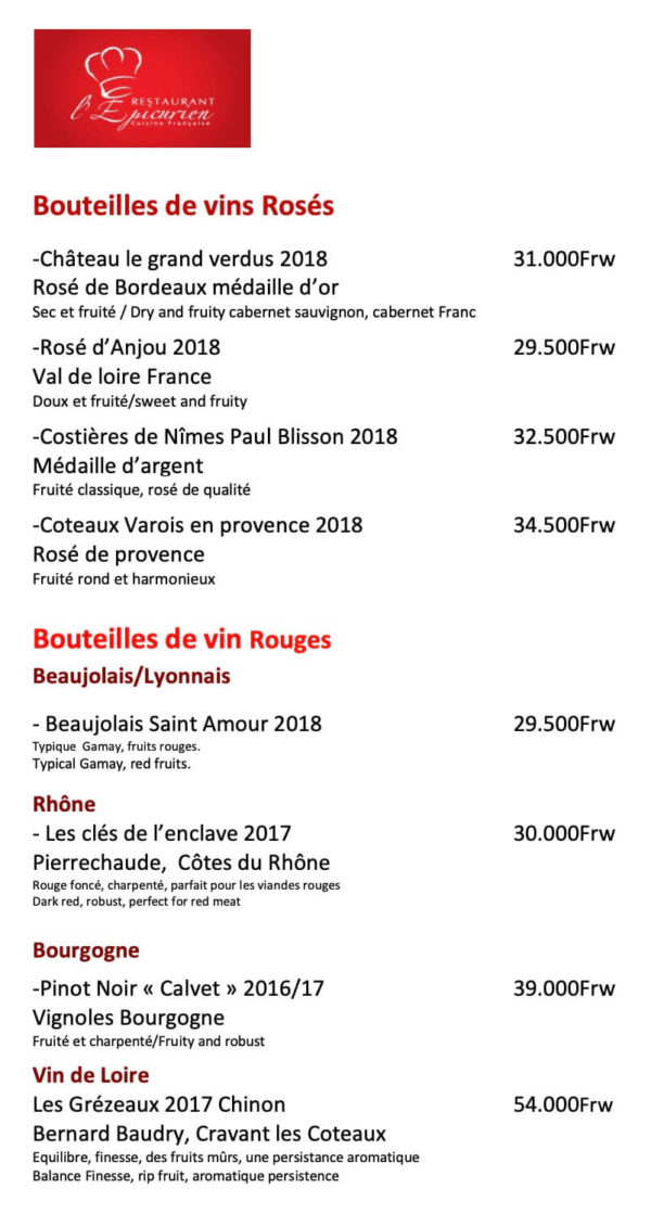 L'Epicurien Restaurant Kigali Wine & Drinks List Vibe Kigali