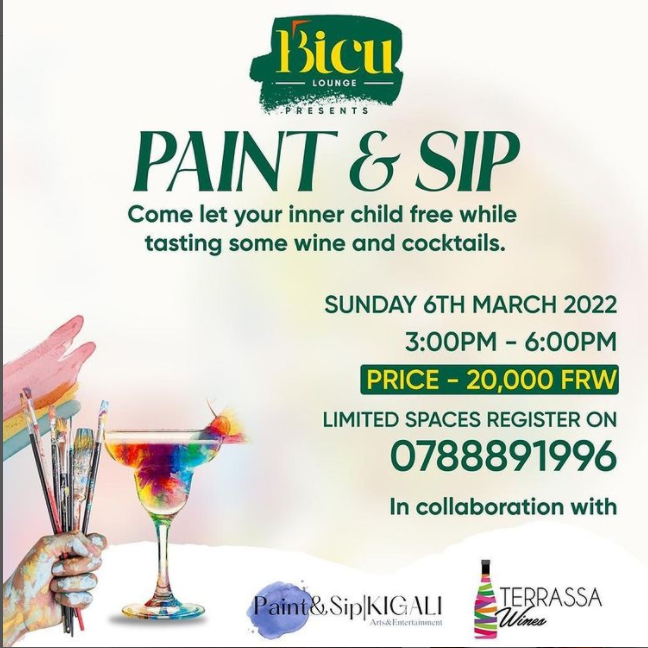 event poster showing a hand holding paint brushes and a cocktail glass
