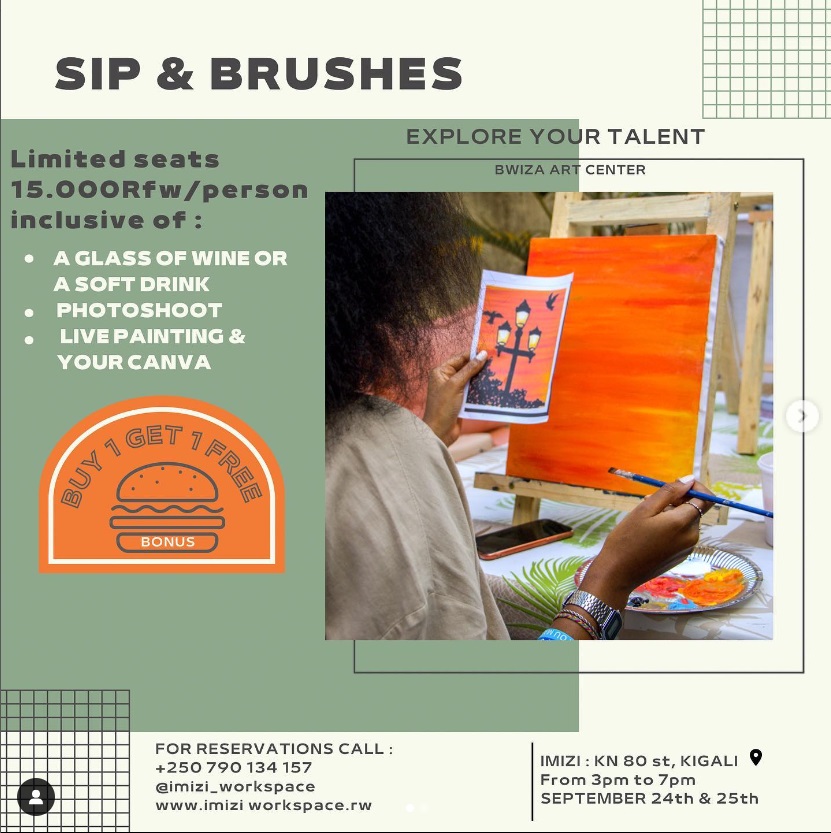 Sip & brushes poster showing a woman painting on a canva